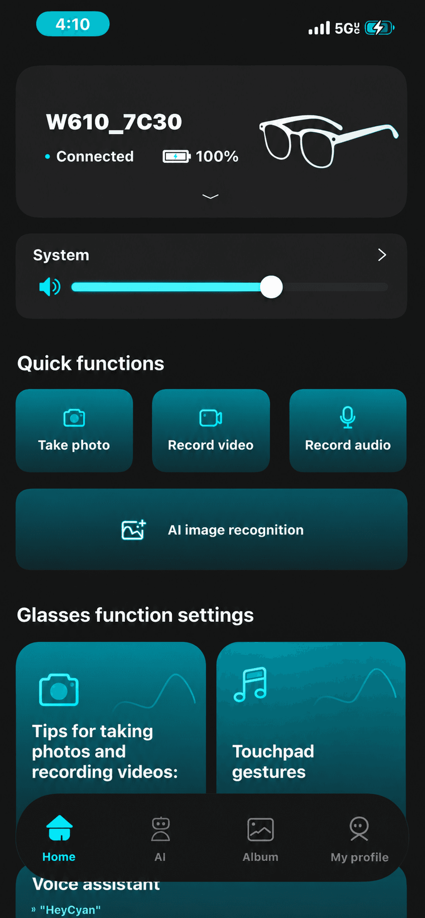 Cyan companion app screen showing the glasses connected at full battery, quick functions for photo, video, and audio capture, and the 'Hey Cyan' voice assistant