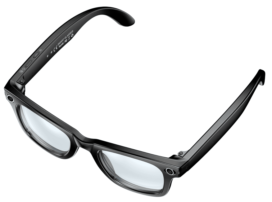 Cyan World Traveler smart glasses open, showing the AI indicator, power button, and camera on the inside of the temple