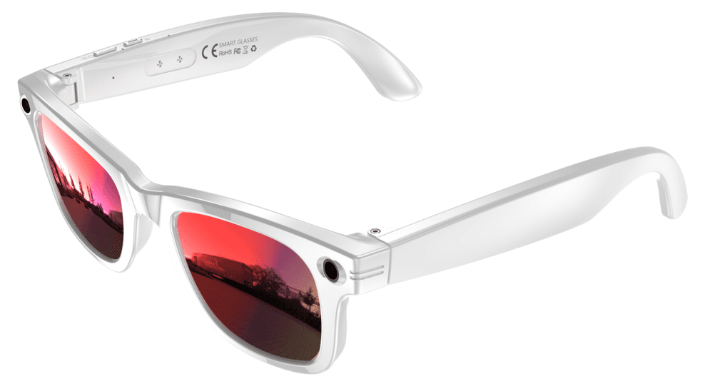 Cyan World Traveler smart glasses in White with mirrored red lenses, three-quarter view showing the temple camera and control button