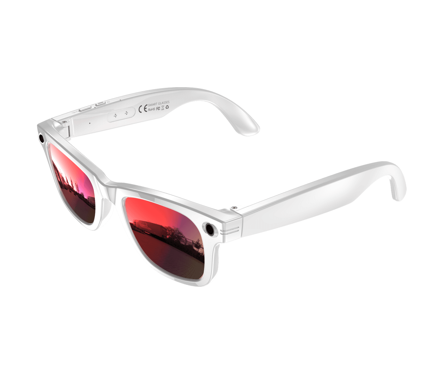 Cyan World Traveler smart glasses in White with mirrored red lenses